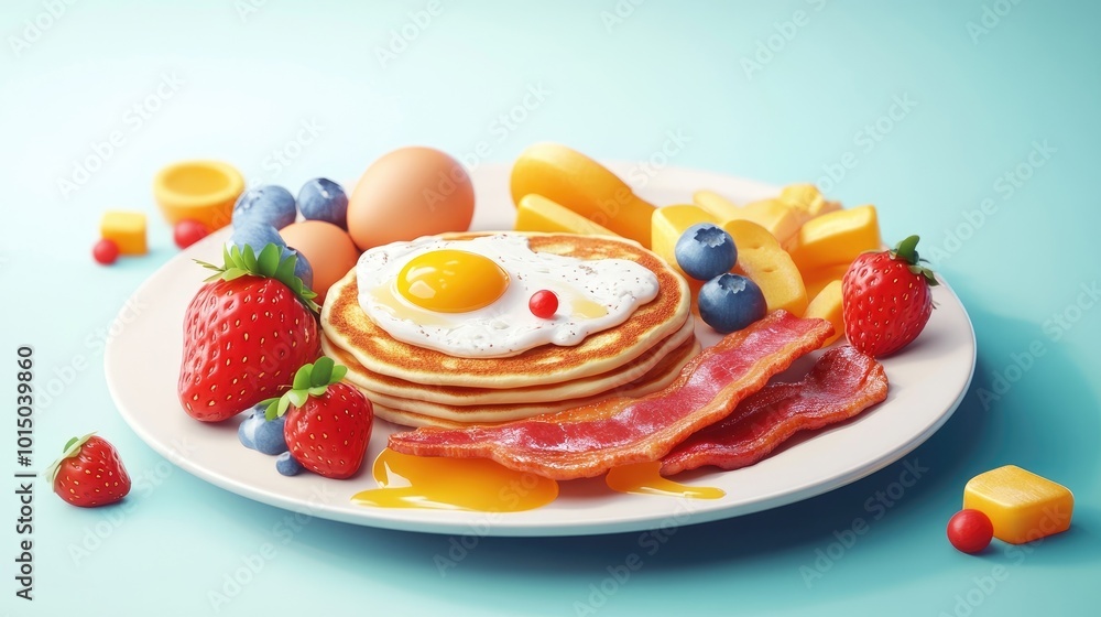 Colorful Cartoon Breakfast Platter with Eggs, Pancakes, Bacon, and Fruit 3d animation Colorful Cartoon Breakfast Platter with Eggs, Pancakes, Bacon, and Fruit 3d animation