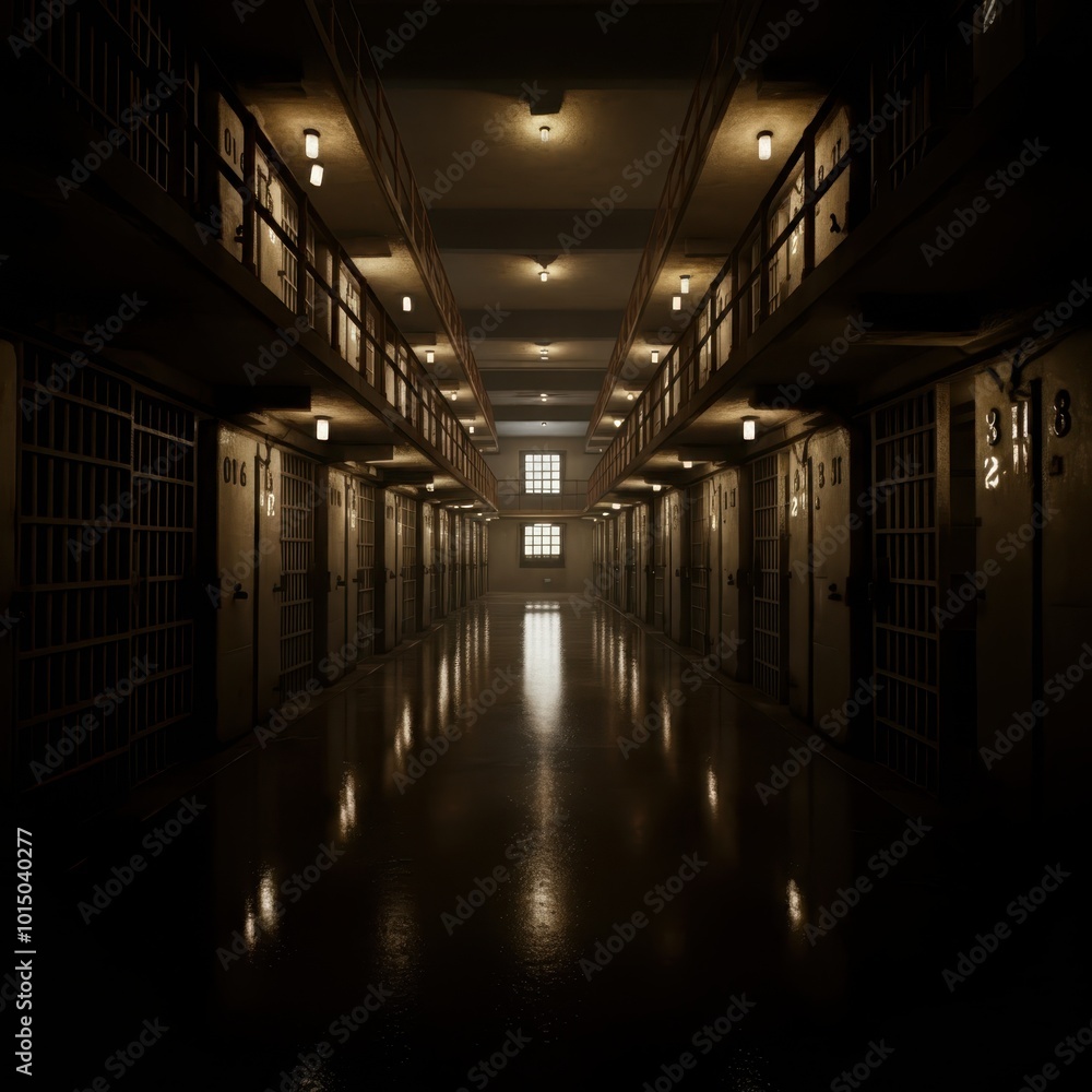 Prison corridor interior with rows of cells and locked doors illuminated by ceiling lights, Prison corridor interior with rows of cells and locked doors illuminated by ceiling lights,