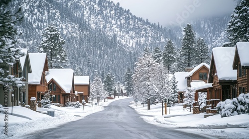 Serene Snow-Covered Cabins Along a Quiet Road