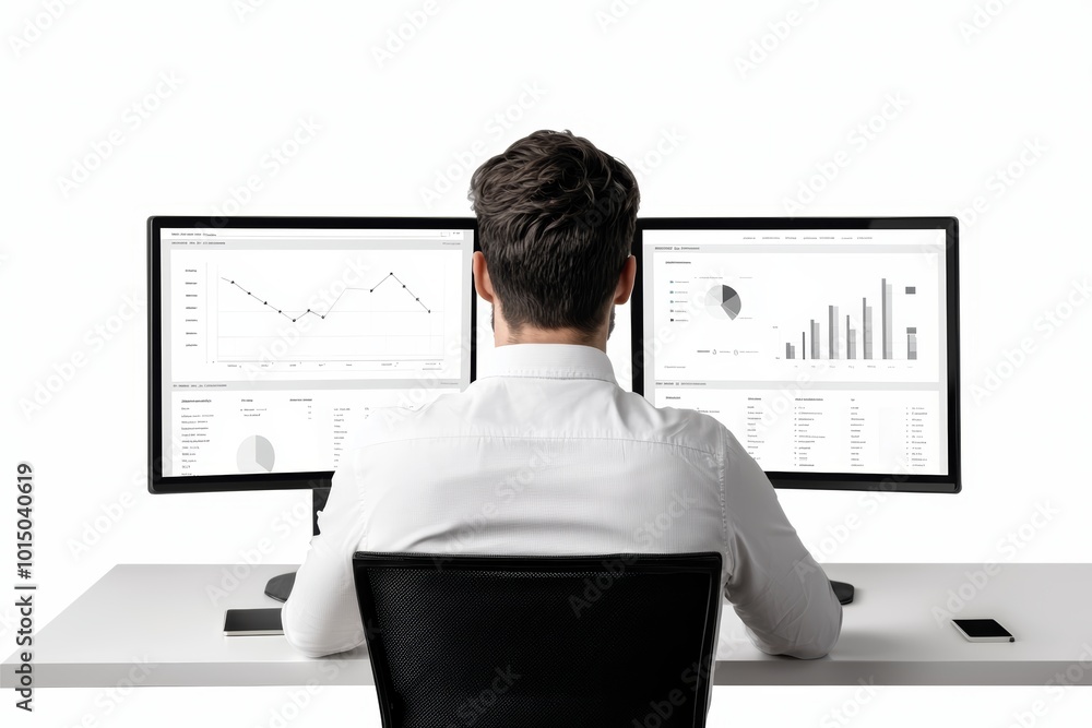 A professional analyzing data on dual monitors in a modern office environment. A professional analyzing data on dual monitors in a modern office environment.