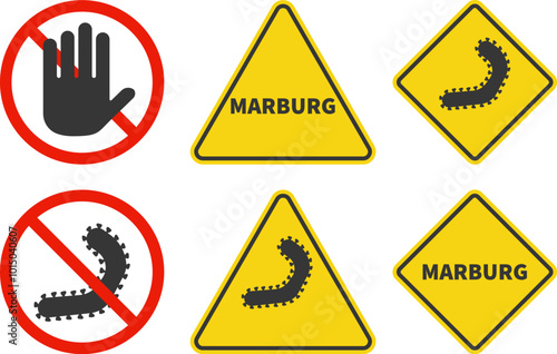 Marburg virus. Spread of virus and infection. Pandemic. Virus quarantine. Stop sign. Vector illustration