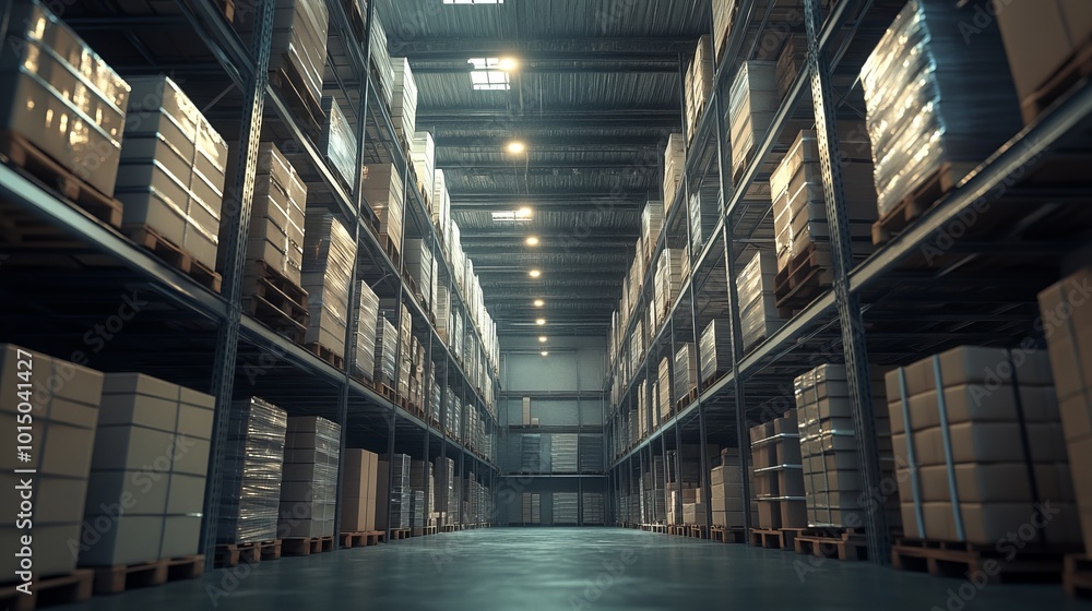A spacious warehouse filled with stacked pallets and boxes. A spacious warehouse filled with stacked pallets and boxes.