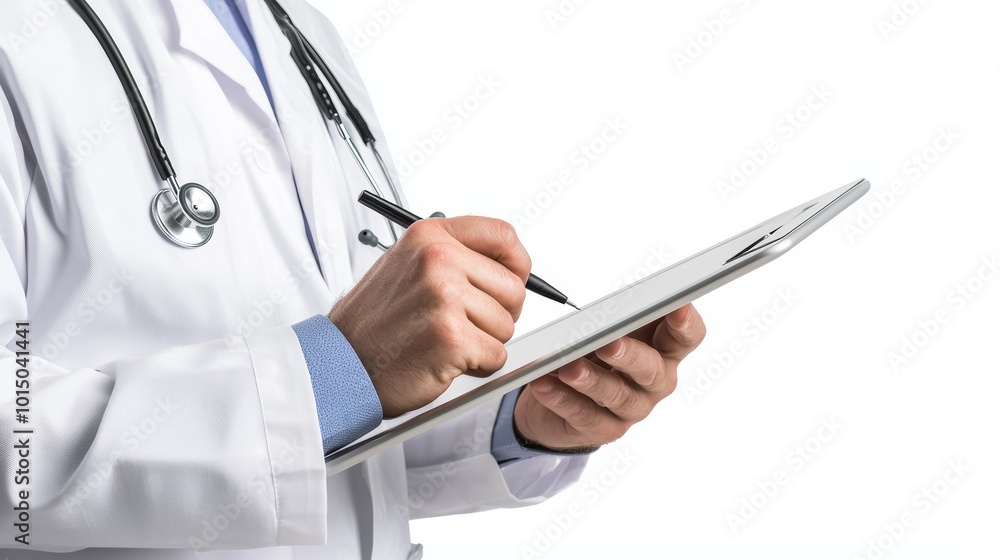 Doctor holding a tablet, preparing to write notes, white isolated background. Doctor holding a tablet, preparing to write notes, white isolated background.
