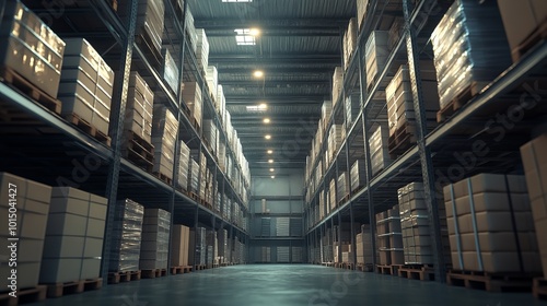 A spacious warehouse filled with stacked pallets and boxes.