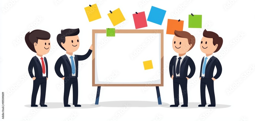 Fototapeta premium Group of professionals discussing ideas in a meeting with sticky notes and a whiteboard.