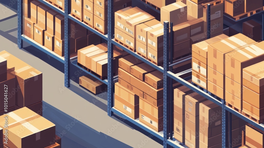 A warehouse filled with stacked cardboard boxes on metal shelves. A warehouse filled with stacked cardboard boxes on metal shelves.
