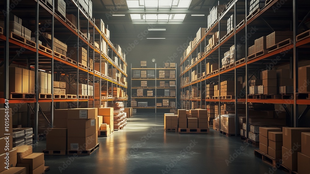 A well-organized warehouse filled with stacked boxes and shelves. A well-organized warehouse filled with stacked boxes and shelves.