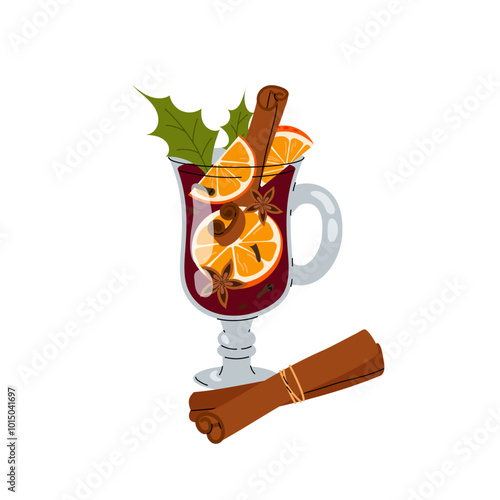 Gluhwein. A classic autumn or winter drink. Mulled wine with cinnamon, orange, anise and cloves. Flat illustration of a wine drink.
