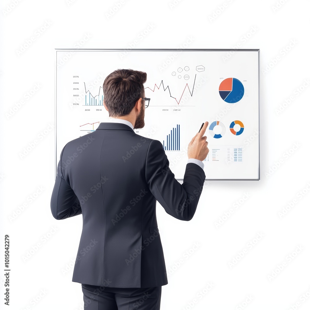 Professional man presenting business graphs and charts on a whiteboard in a modern office environment. Professional man presenting business graphs and charts on a whiteboard in a modern office environment.