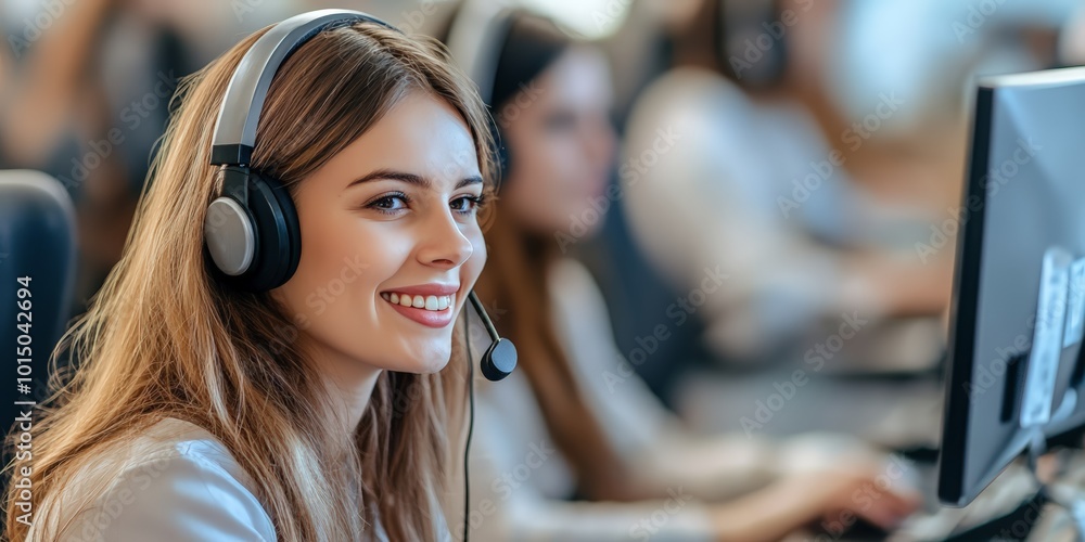 Smiling young woman with long hair in a headset, working in a modern office environment. Smiling young woman with long hair in a headset, working in a modern office environment.
