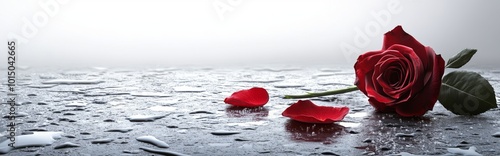 A set of red rose petals and droplets with one rose in soil and scattered petals representing love and romance photo