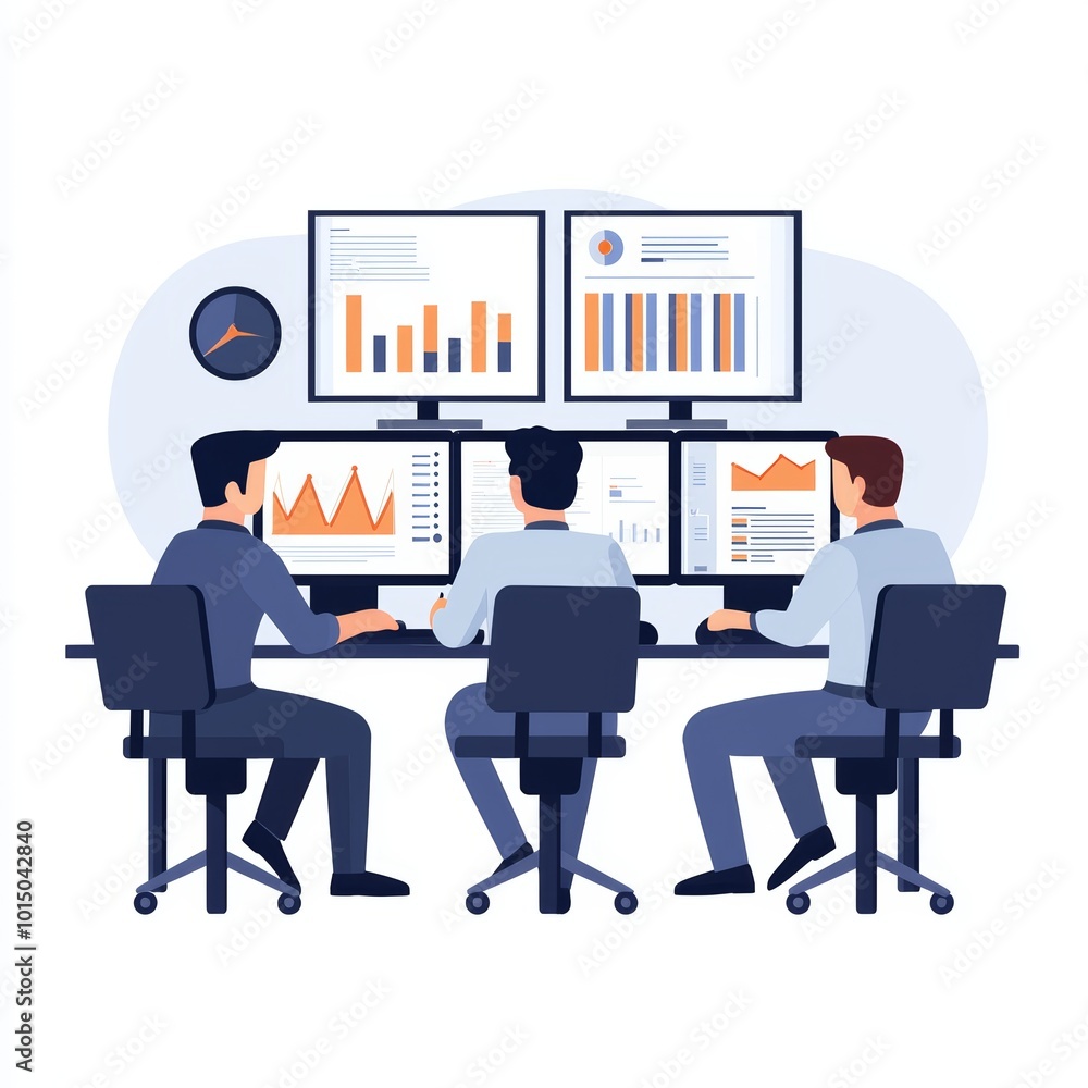 Three professionals analyzing data on multiple screens in a modern office setting. Three professionals analyzing data on multiple screens in a modern office setting.