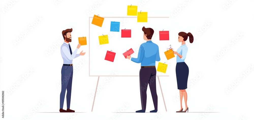 Fototapeta premium Three professionals collaborating on a project with sticky notes on a whiteboard.