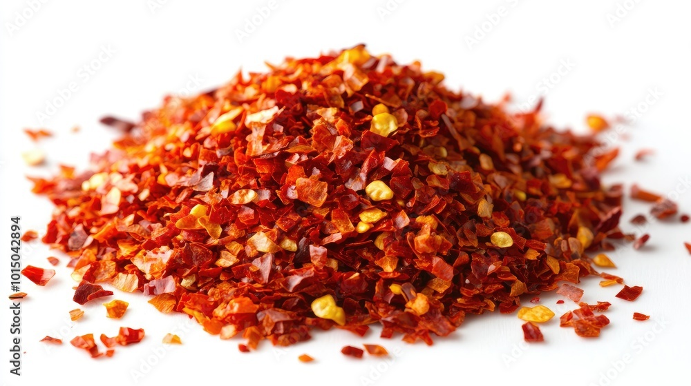 A heap of red chili pepper flakes, finely crushed and spread out on a bright white background, showcasing fiery heat A heap of red chili pepper flakes, finely crushed and spread out on a bright white background, showcasing fiery heat
