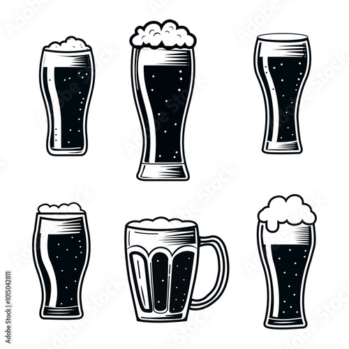 Collection of beer glass illustration. Hand drawn vintage beer mugs and pints