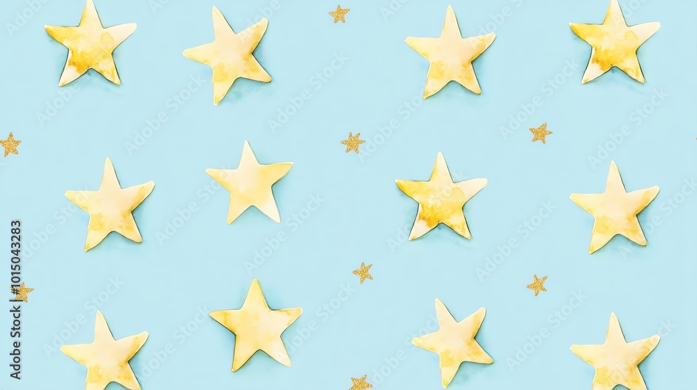 Pattern of yellow stars on a soft blue background, creating a whimsical, dreamy aesthetic. Perfect for design projects and creative concepts. Pattern of yellow stars on a soft blue background, creating a whimsical, dreamy aesthetic. Perfect for design projects and creative concepts.