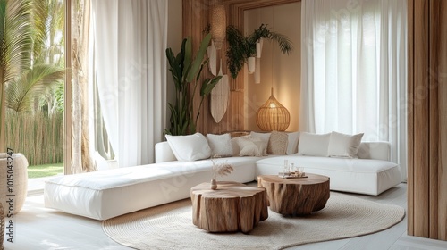 Minimalist Living Room Interior with White Sofa and Wooden Dacor 3d animation photo