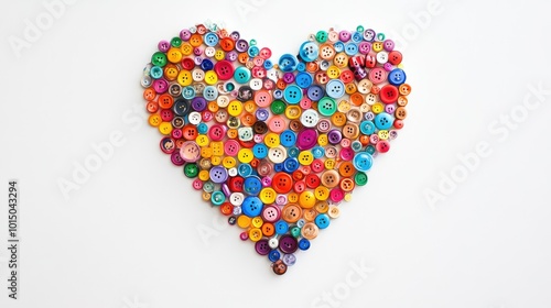 A heart formed by tiny buttons in vibrant colors, arranged neatly on a plain white background.