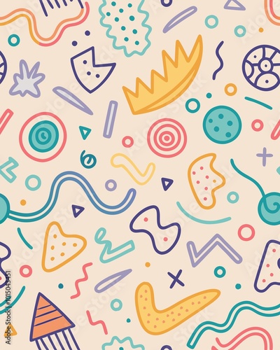 seamless pattern with cream. Fun colorful line doodle seamless pattern. Creative minimalist style art background for children or trendy design with basic shapes. Simple childish scribble backdrop.