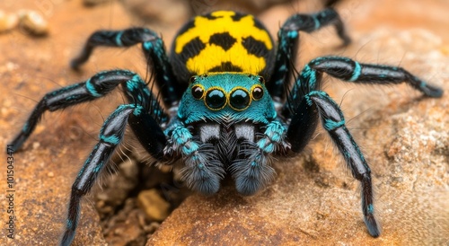 Colorful Jumping Spider with Vivid Patterns and Textured Details, Displaying Arachnids' Detailed Beauty