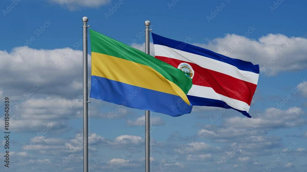 Costa Rico and Gabon flags flying together, video concept of the relationship, two country cooperation concept Costa Rico and Gabon flags flying together, video concept of the relationship, two country cooperation concept