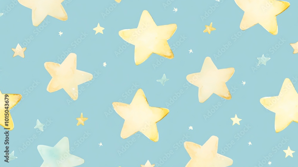 Seamless star pattern with golden stars on a light blue background. Perfect for children's room decor and whimsical designs. Seamless star pattern with golden stars on a light blue background. Perfect for children's room decor and whimsical designs.