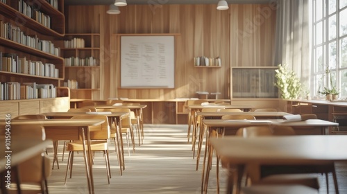 Modern Classroom Interior with Wooden Tables and Chairs 3d animation