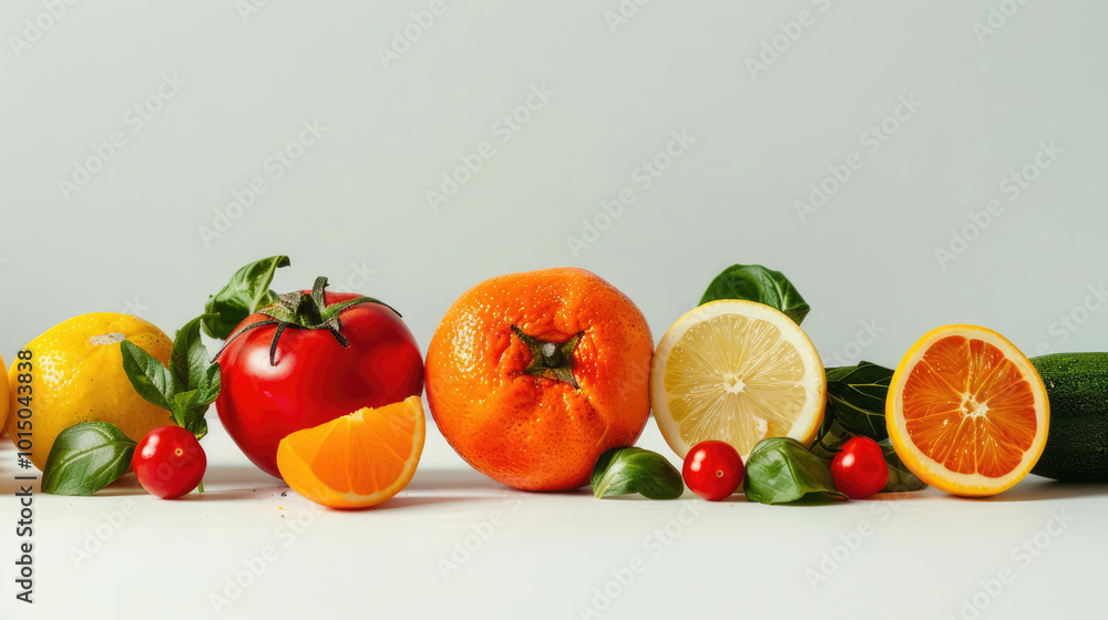 White background with cut vegetables and fruits ideal for health and health food publications. White background with cut vegetables and fruits ideal for health and health food publications.