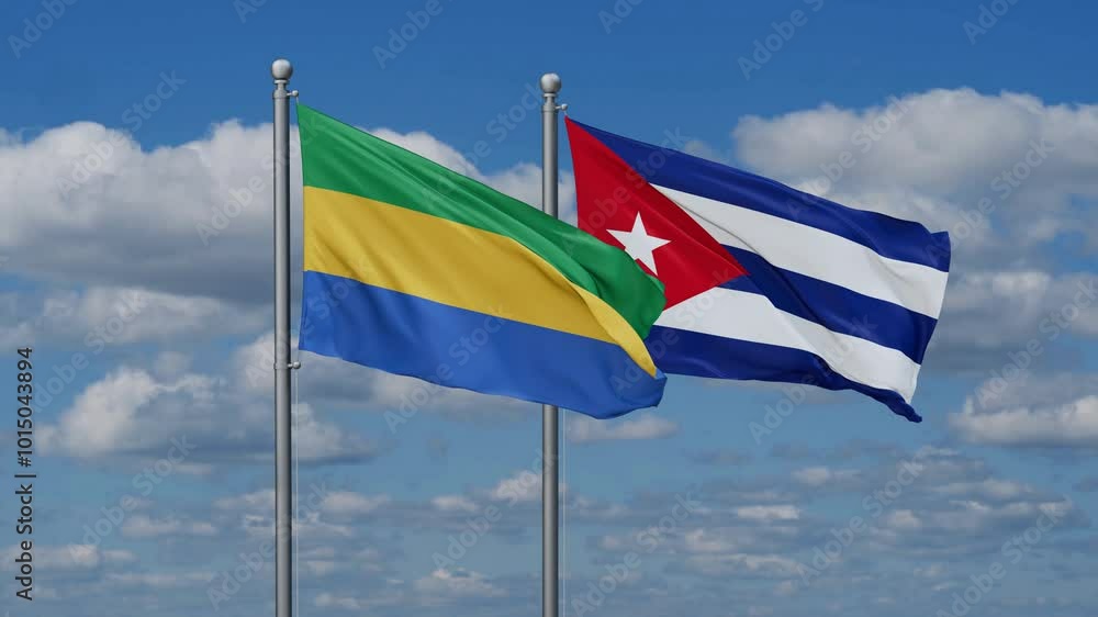 Cuba and Gabon flags flying together, video concept of the relationship, two country cooperation concept Cuba and Gabon flags flying together, video concept of the relationship, two country cooperation concept