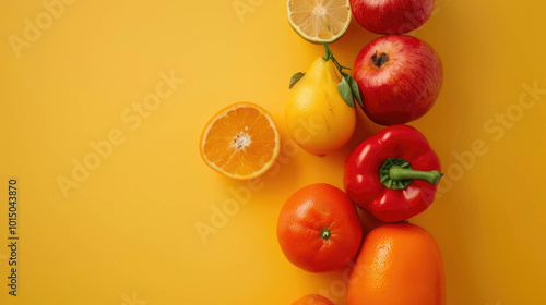 Yellow background with cut vegetables and fruits ideal for health and health food publications.