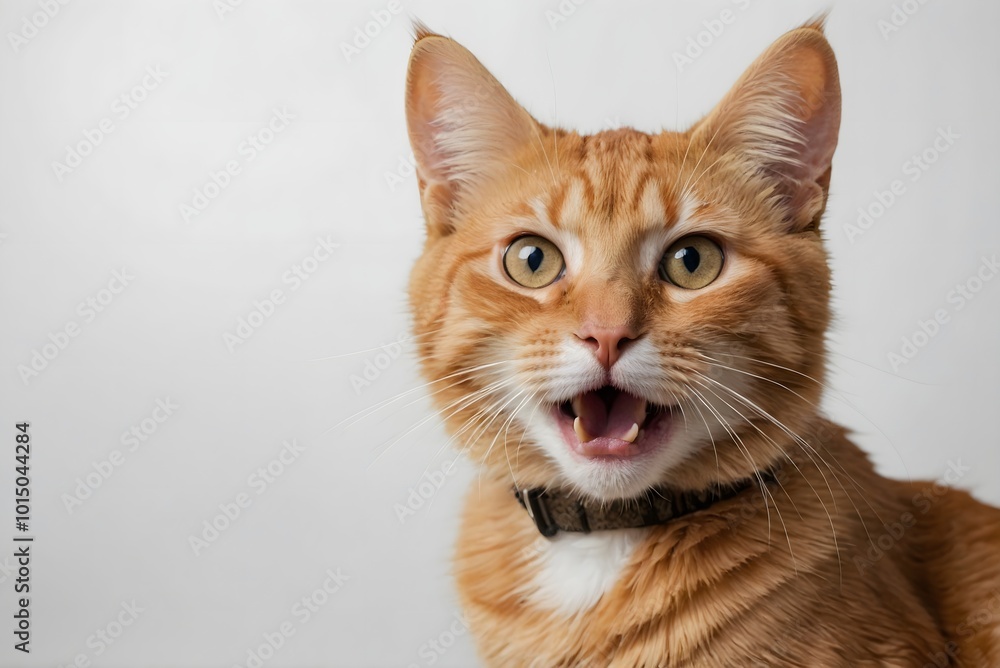 A surprised orange cat with its mouth wide open, displaying a funny expression on a white background. A surprised orange cat with its mouth wide open, displaying a funny expression on a white background.