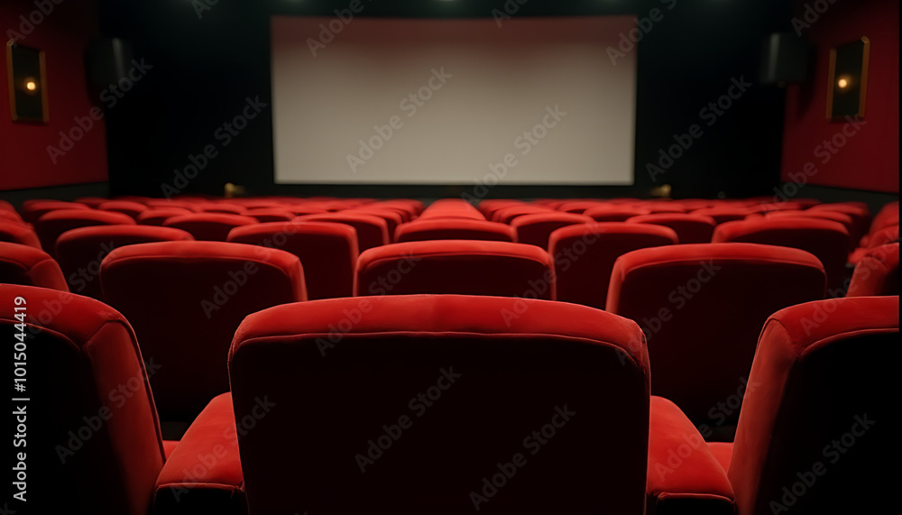 Obraz premium Rows of velvet seats in a vintage cinema hall, bathed in the soft light of an empty screen._00001_