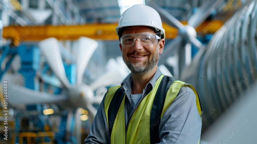 Smiling engineer wearing a hard hat and safety vest in an industrial facility Smiling engineer wearing a hard hat and safety vest in an industrial facility