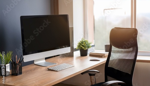 Wallpaper Mural workspace interior with computer on wooden table and office chair, modern workplace Torontodigital.ca