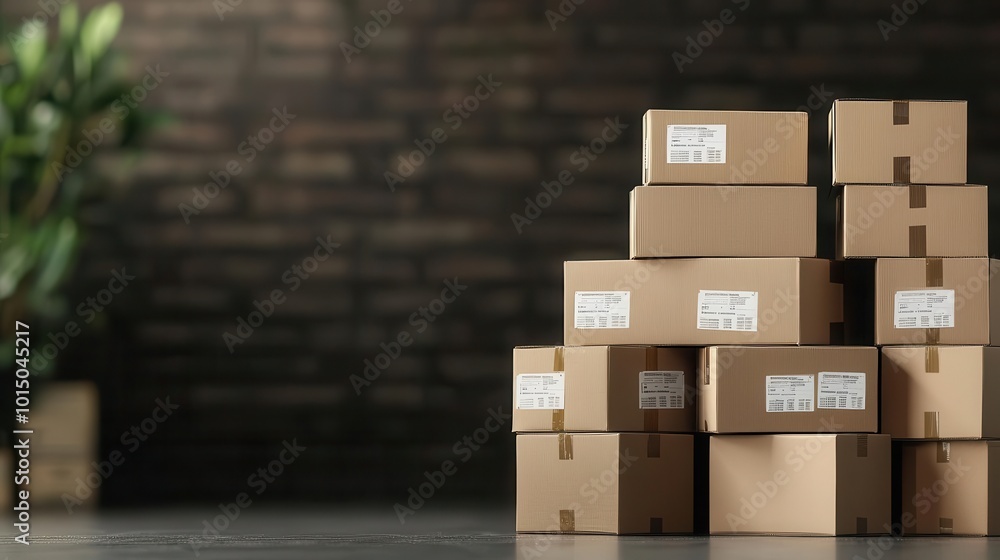 Stack of brown paper boxes with various shipping labels in a warehouse environment Stack of brown paper boxes with various shipping labels in a warehouse environment