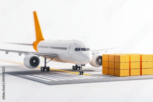 Airplane model with cargo crates on a runway, white isolated background. photo