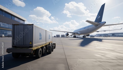 Airplane preparing for takeoff with cargo truck on tarmac under a blue sky, showcasing airport operations.