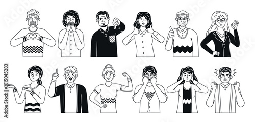 Black And White Doodle Illustrations Of Diverse Characters Conveying A Wide Range Of Emotions and Facial Expression