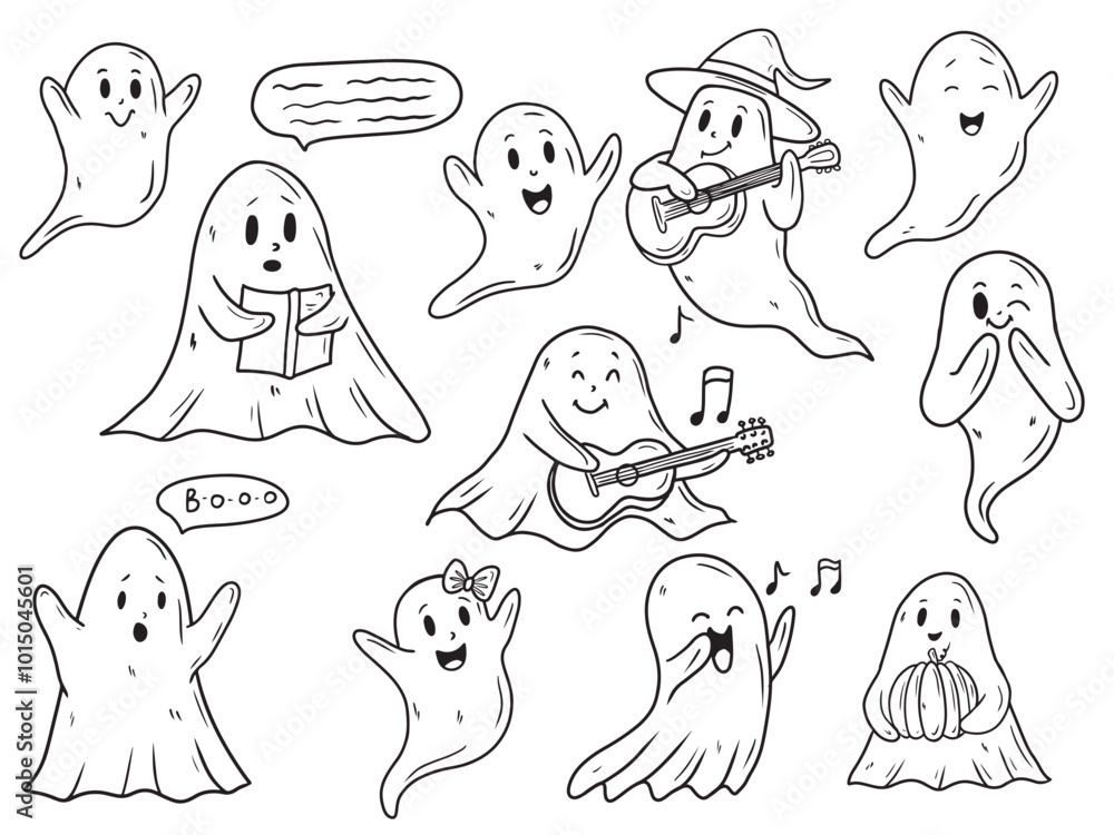 Vector set of cute hand drawn ghost with bow, singing, playing guitar, dancing and holding pumpkin in black isolated on white background. Sketch illustration in doodle engraved vintage line art style Vector set of cute hand drawn ghost with bow, singing, playing guitar, dancing and holding pumpkin in black isolated on white background. Sketch illustration in doodle engraved vintage line art style