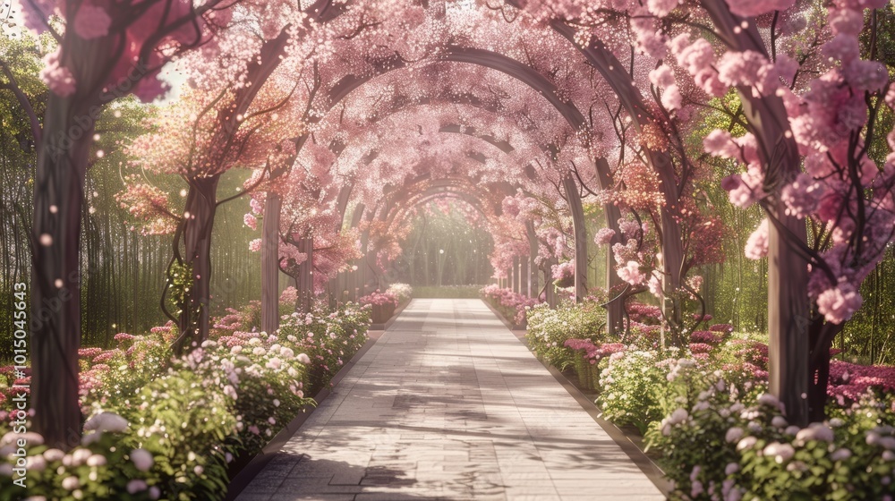 Explore a magical flower tunnel with pink blossoms creating a romantic spring garden corridor Explore a magical flower tunnel with pink blossoms creating a romantic spring garden corridor