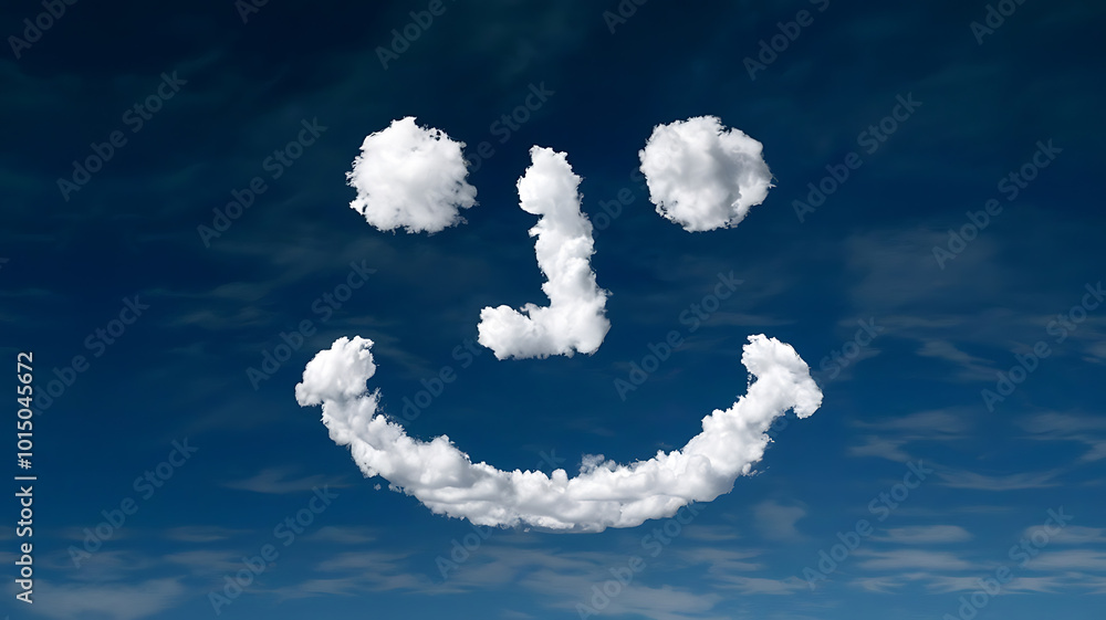 White clouds form a smiley face against a blue sky, symbolizing happiness and optimism.
White clouds form a smiley face against a blue sky, symbolizing happiness and optimism.