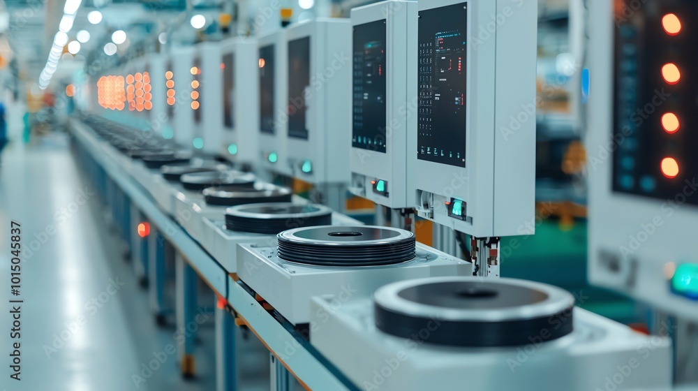 Large industrial robots moving automotive parts on a production line, automotive robotics, hightech manufacturing Large industrial robots moving automotive parts on a production line, automotive robotics, hightech manufacturing