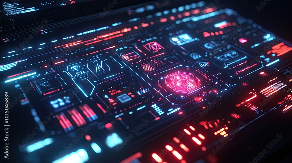 A laptop screen glowing with futuristic digital technology, featuring smart data elements and holographic icons