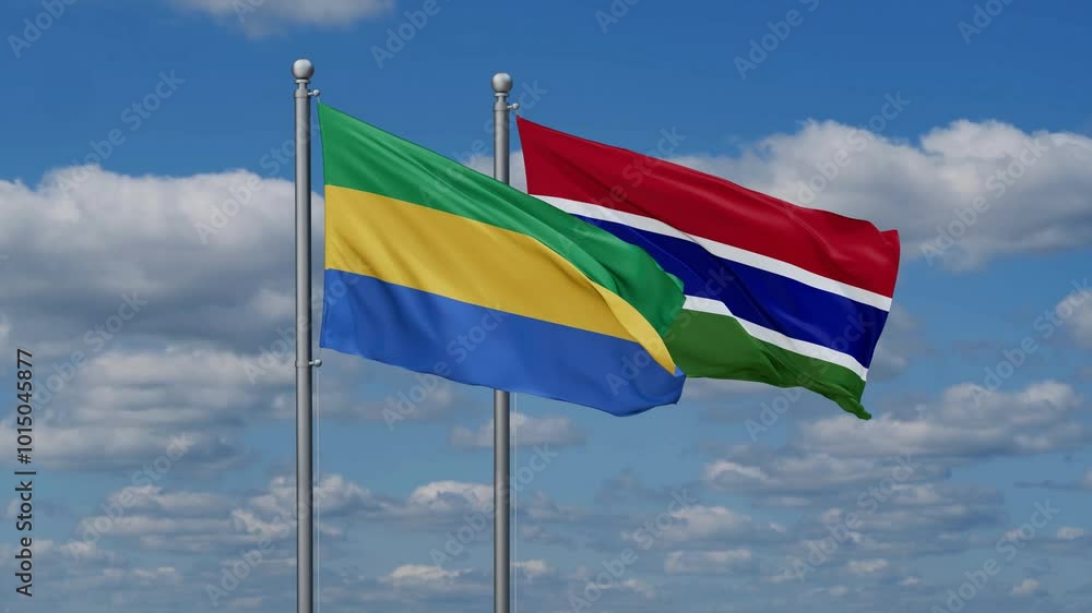 Gambia and Gabon flags flying together, video concept of the relationship, two country relations concept Gambia and Gabon flags flying together, video concept of the relationship, two country relations concept
