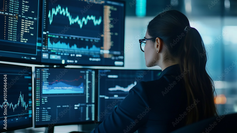 Businesswoman analyzing stock market trends on multiple monitors in a high-tech office. Businesswoman analyzing stock market trends on multiple monitors in a high-tech office.