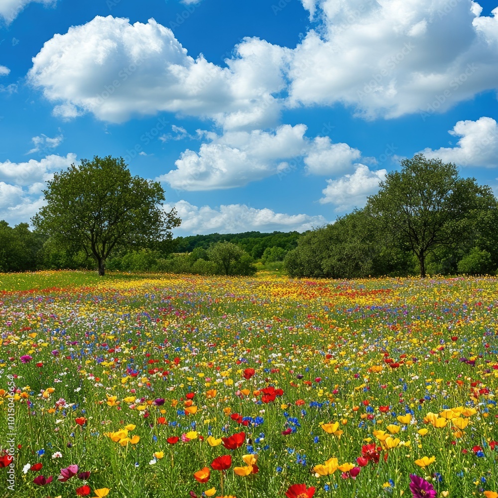 A large meadow filled with colorful wildflowers, gently sloping toward a line of trees under a vibrant blue sky A large meadow filled with colorful wildflowers, gently sloping toward a line of trees under a vibrant blue sky