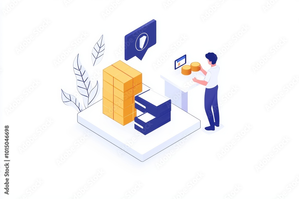 Illustration of a person managing inventory with stacked boxes and digital interface elements. Illustration of a person managing inventory with stacked boxes and digital interface elements.