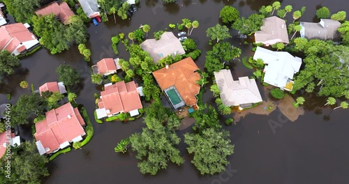 Hurricane flooded homes in residential community in Florida, USA. Aftermath of natural disaster.