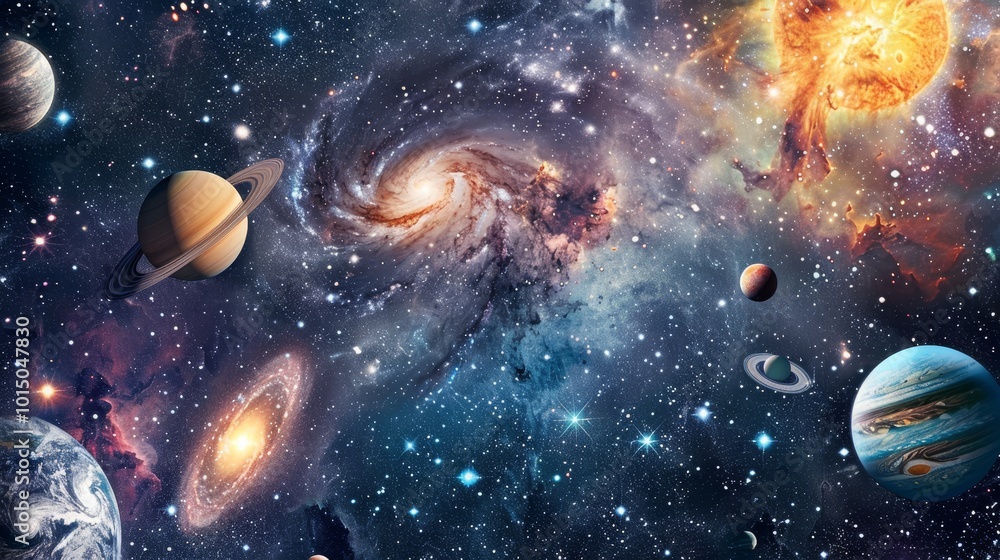 Vibrant outer space scene with diverse planets and swirling nebulae in a cosmic expanse Vibrant outer space scene with diverse planets and swirling nebulae in a cosmic expanse