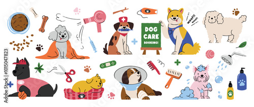 Cute dogs doodle vector set. Cartoon pet character design collection with dog care, dog health, shampoo, toy, ball, dog food, bowl. Set of funny pet animals isolated on white background.